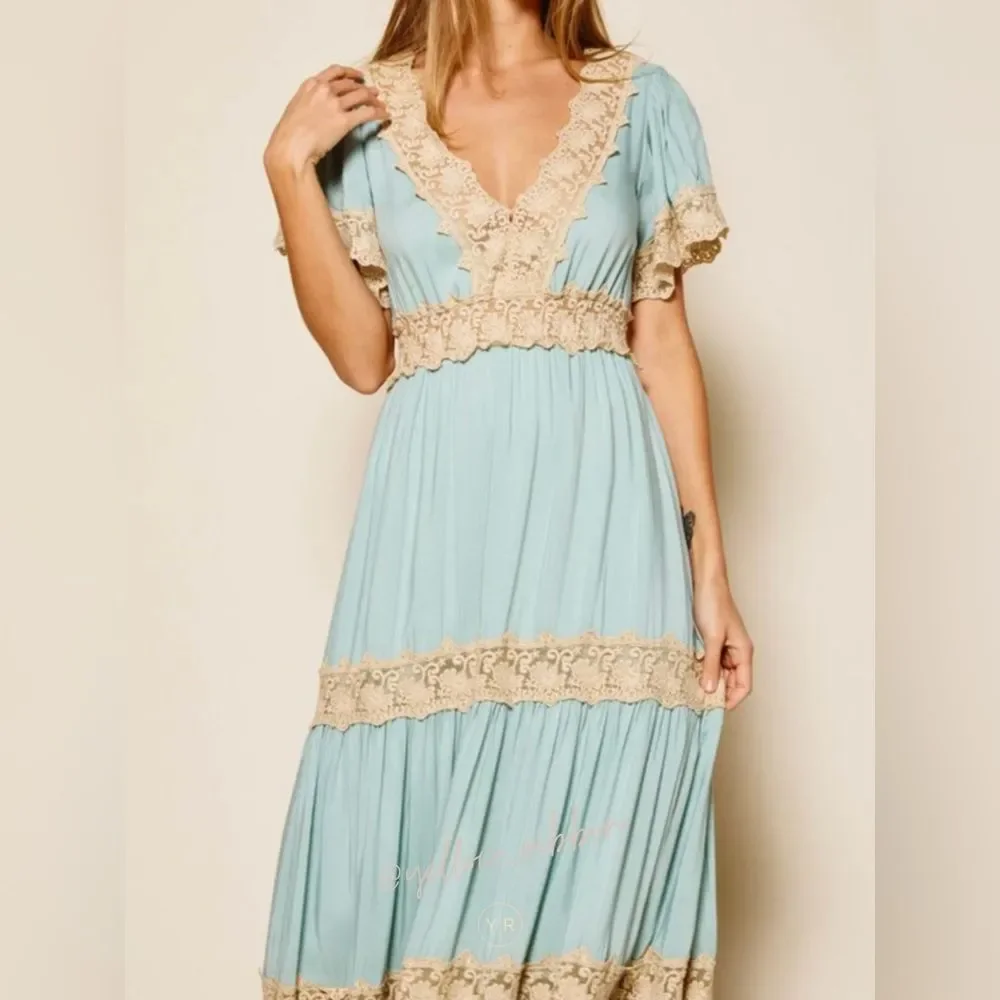 🆕 Turquoise Short Sleeve Lace Maxi Dress - Picture 3 of 5